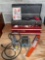 Craftsman toolbox w/ hardware contents, Stanley Sabre saw, machinist vise, 23