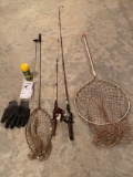 (2) Fishing poles w/ reels, (2) nets, Remoil w/ patches, gun cleaning rod, rubber gloves.
