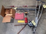 Craftsman circular saw, pruner, flashlight, parts box, wire fencing, crutches, etc.