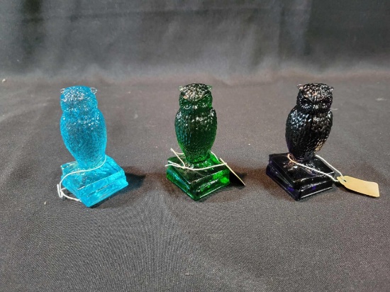 (3) degenhart owls, wonder blue, emerald green, violet