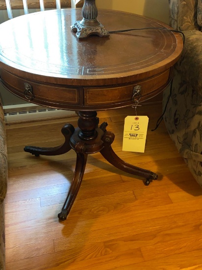 Leather Inlaid Wood Round Top Table