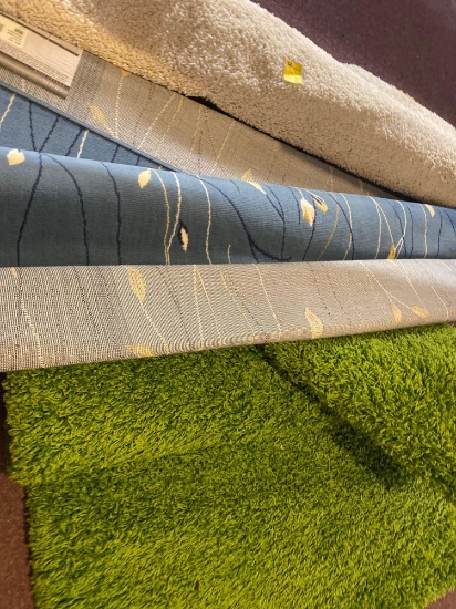 3 area rugs, green shag, floral blue, cream colored shag