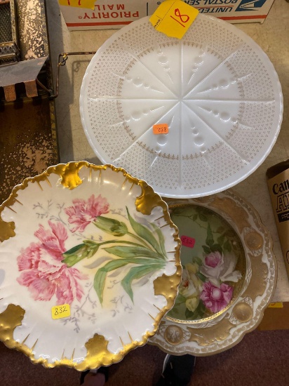 Milk glass cake plate, hand painted limoges France