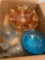 Carnival glass plates and bowl, blue glass bowls, Fenton mug, 2 West Moreland bells