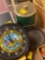 Army clock, plastic, vintage ice bucket, cast iron pan