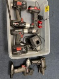 Box of drills, drivers, chargers, batteries