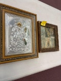 Religious Greek icon art with metal overlay, framed prayer cards