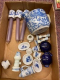 One flat of small Japan made Dishes and candlesticks holders