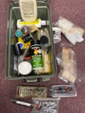 Gun cleaning items in tackle box, muzzleloader items, reloader