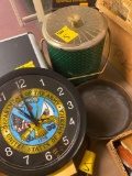 Army clock, plastic, vintage ice bucket, cast iron pan
