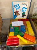 Old wooden blocks, 2 Dr. Seuss books