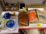 Glassware, books, Polaroid, transistor radio, etc
