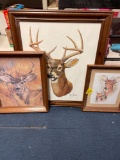 3 framed deer prints, 1 is artist signed