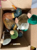 Stuffed ducks, basket duck, glass lampshades, plastic cups