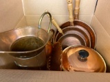 Copper pots and pans, pitcher, tray, etc.