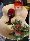 Fruit bowl, red glass Avon goblets, clear and red goblets