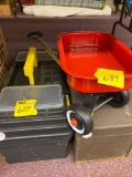 Empty tackle box, Kennedy toolbox, small red wagon