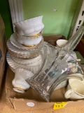 Two flats of Royal Albert China, clear glass basket, snow globe, etc.