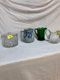 Glass cheese preserver, green glass pitcher, and other glassware