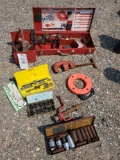 Milwaukee grinder, pipe cutter, Mac sockets, hex die set, flat bib washers