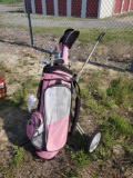 Gold clubs, bag, and roller caddy