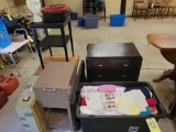 Stands, file box, box fan, tote of clothing and 3 drawer chest