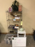 Wire shelf, white board, correlle china, irons, lefton teapot