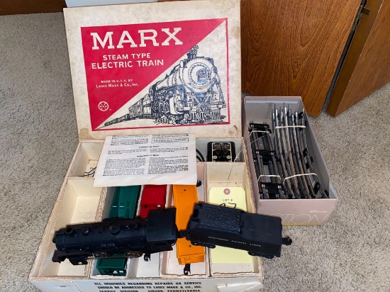 Marx Steam Type electric train set with contents shown