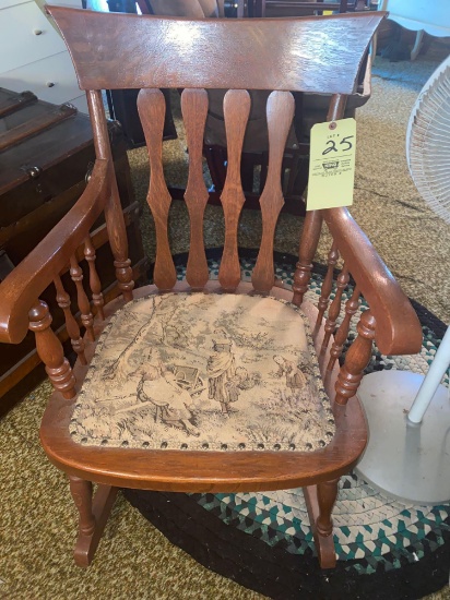 Oak rocker w/ tapestry scene padded seat.