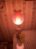 Opalescent Swirl Cranberry Shade on Electrified Oil Lamp