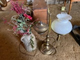 Crock with Flowers, Desk Lamp with Spread Eagle Milk Glass Shade
