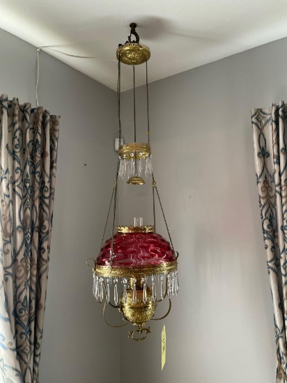 Victorian Cranberry Bulls Eye Adjustable Hanging Lamp