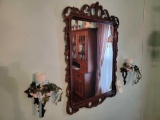 Oak Floral Carved Wall Mirror with Matching Sconces