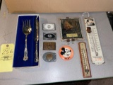 Advertising Thermometers, Belt Buckles, Silver Plate Servers