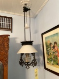 Victorian Hanging Oil Lamp with Milk Glass Shade