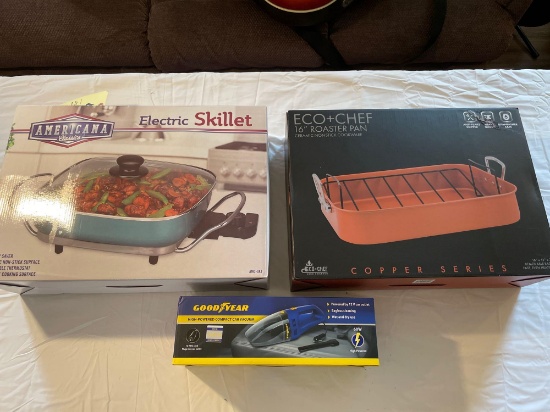 Electric skillet, 16 in. ceramic toaster, GOODYEAR compact car vacuum