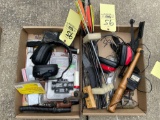 Hunting related items, knife, binoculars, arrows, hand clay pidgeon thrower