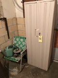 Plastic storage cabinet, chairs, water pitcher