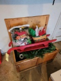 Wood Chest, Christmas Decor, Cement Goose and Clothing,