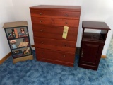 4-drawer chest, lamp table, decor cabinet, books, frames, clocks, games, misc.