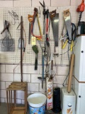 Hand tools, grill items, pogo stick, paper shredder, air purifier, metal buckets, outdoor lights