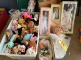 Stuffed toys including Beanie Babies, Cabbage Patch doll, porcelain head dolls, bird figurine