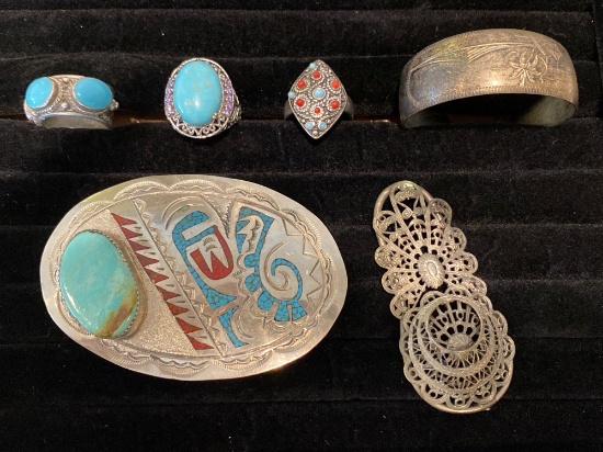 Turquoise jewelry, 3 rings, belt buckel, bracelet, & brooch