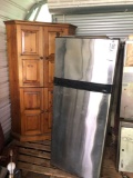 Stainless steel refrigerator and pine corner hutch