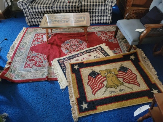 3 assorted rugs, large red oriental 92 x 62 inches, white oriental and 1776-1976 rugs