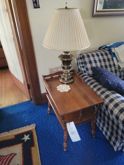 Pair of matching end tables and brass finish lamps