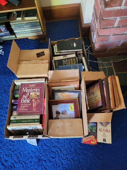 Group of books, ceiling fan motor only and picture frames