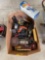 Large box of early power tools, grinders, small air compressor, hand tools.