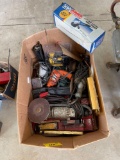 Large box of early power tools, grinders, small air compressor, hand tools.