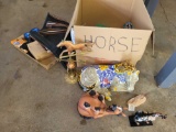 Box of horse decor, copper minature weathervane, belt buckle, wine bottle holder, painted pony, 3D